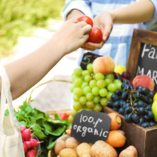Farmers market, fruit transaction